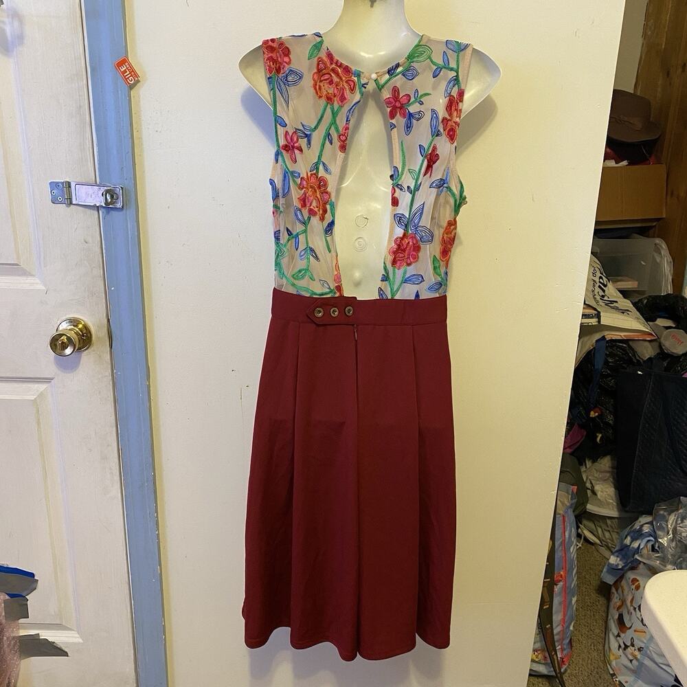 VTG 90s Acevog Formal Party Dress S Lace Red Floral Pleated Sleeveless Preppy - Picture 9 of 10